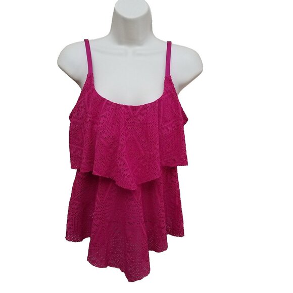 Liz Claiborne Solid Tankini Swimsuit Top Size 10 Padded Berry Fuchsia  Layered - Picture 1 of 11